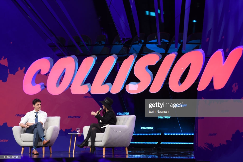 Toronto , Canada - 20 May 2019; Prime Minister Justin Trudeau being interviewed by Shahrzad Rafati, Founder & CEO, BroadbandTV, on centre stage during the opening night of Collision 2019 at Enercare Center in Toronto, Canada. (Photo By Eóin Noonan/Sportsfile via Getty Images)